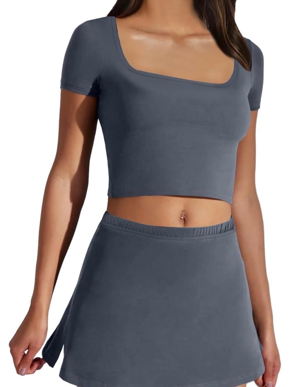 Women's Square Neck Crop Top and Skirt Set - Slate Gray